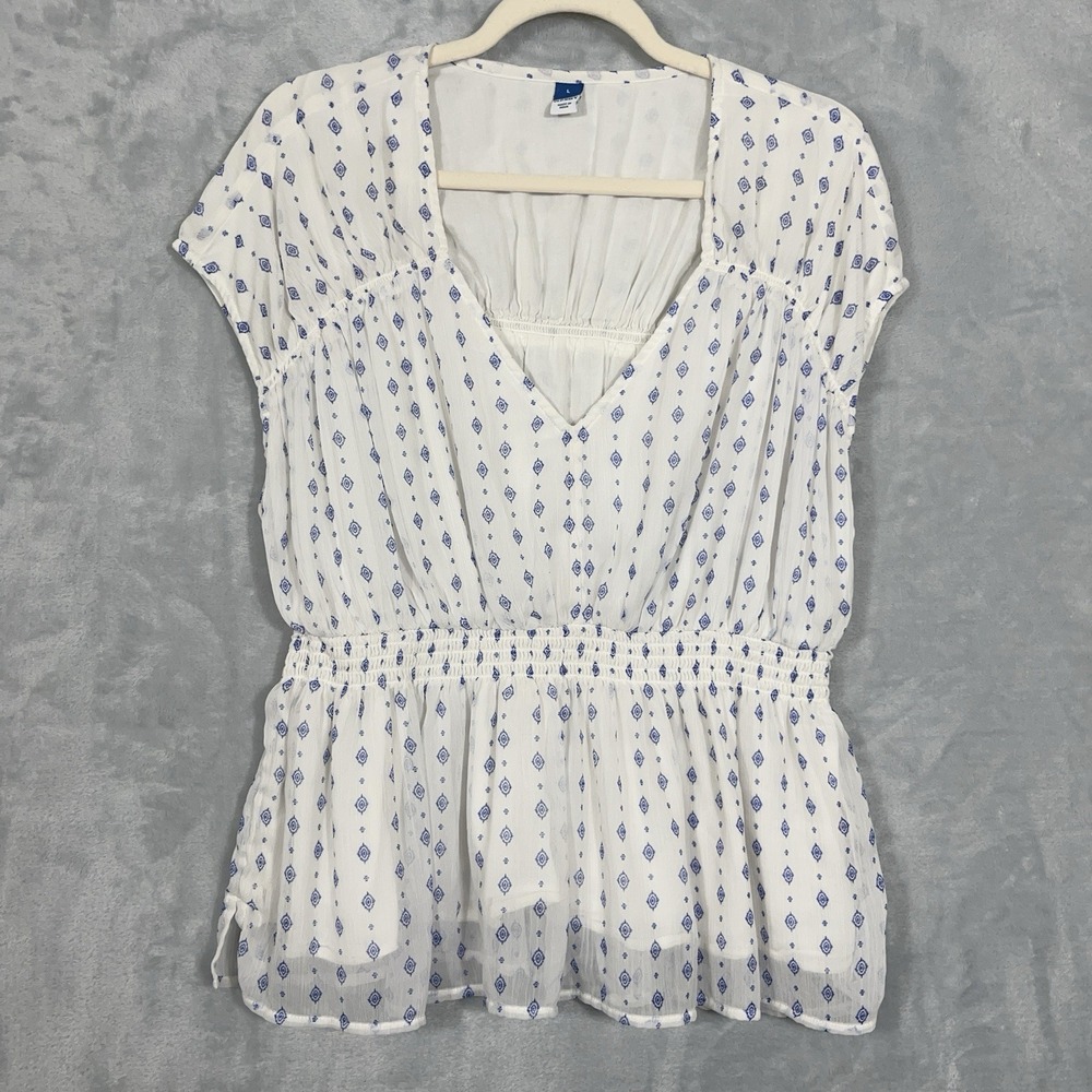 Old Navy Womens Top L White Geometric AOP Chiffon V-Neck Smocked Coquette Lined